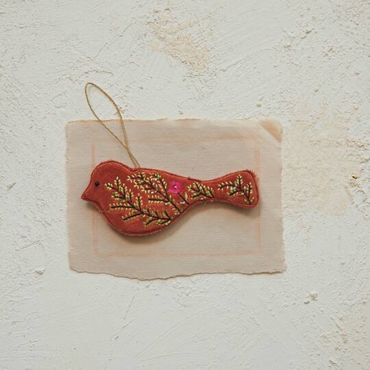 Hello Honey® 5.5" Orange Embroidered Bird Cotton Velvet Bird Ornament